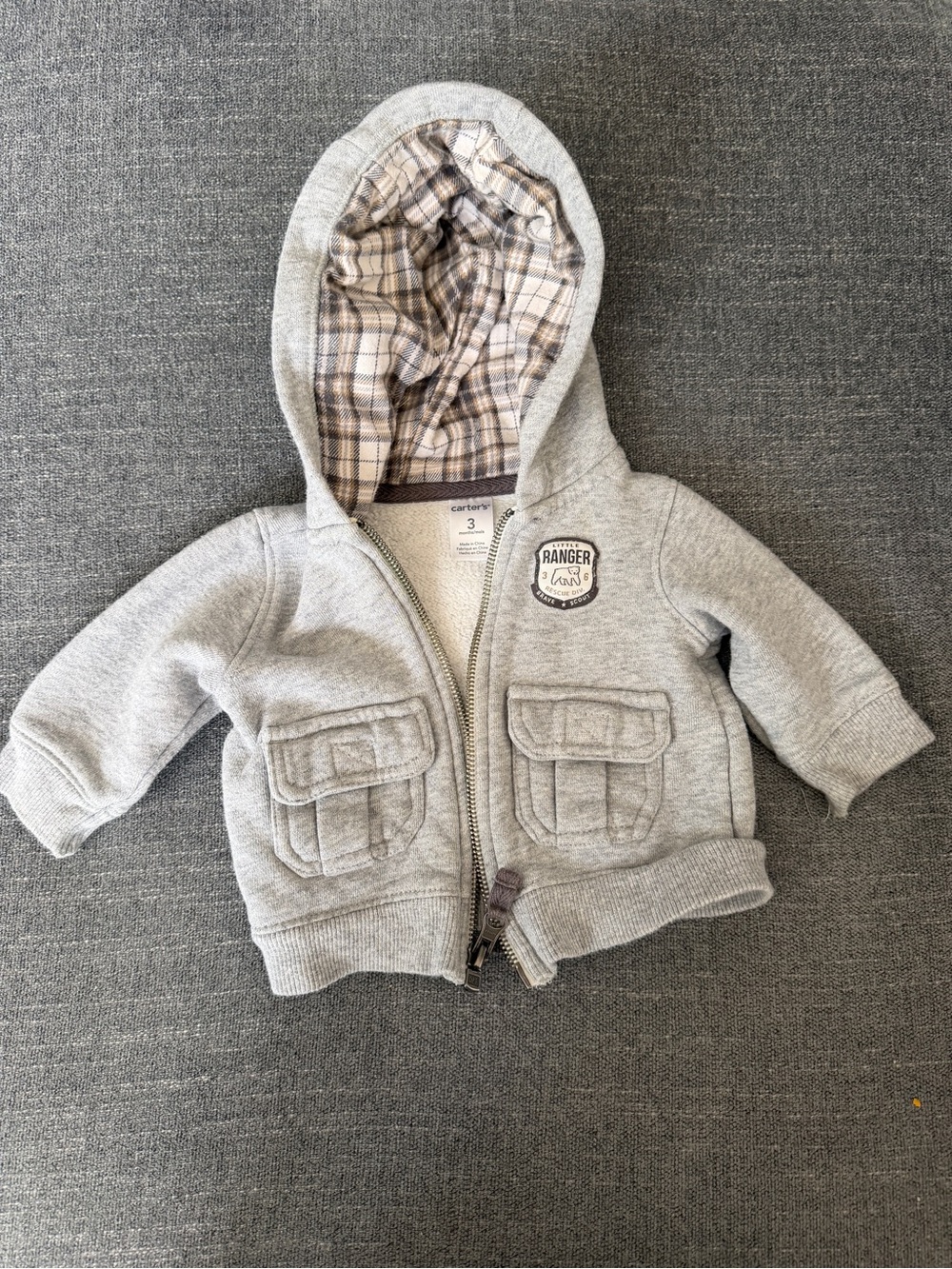 Carter's 3 Month Gray Hooded Zip Jacket with Plaid Lining